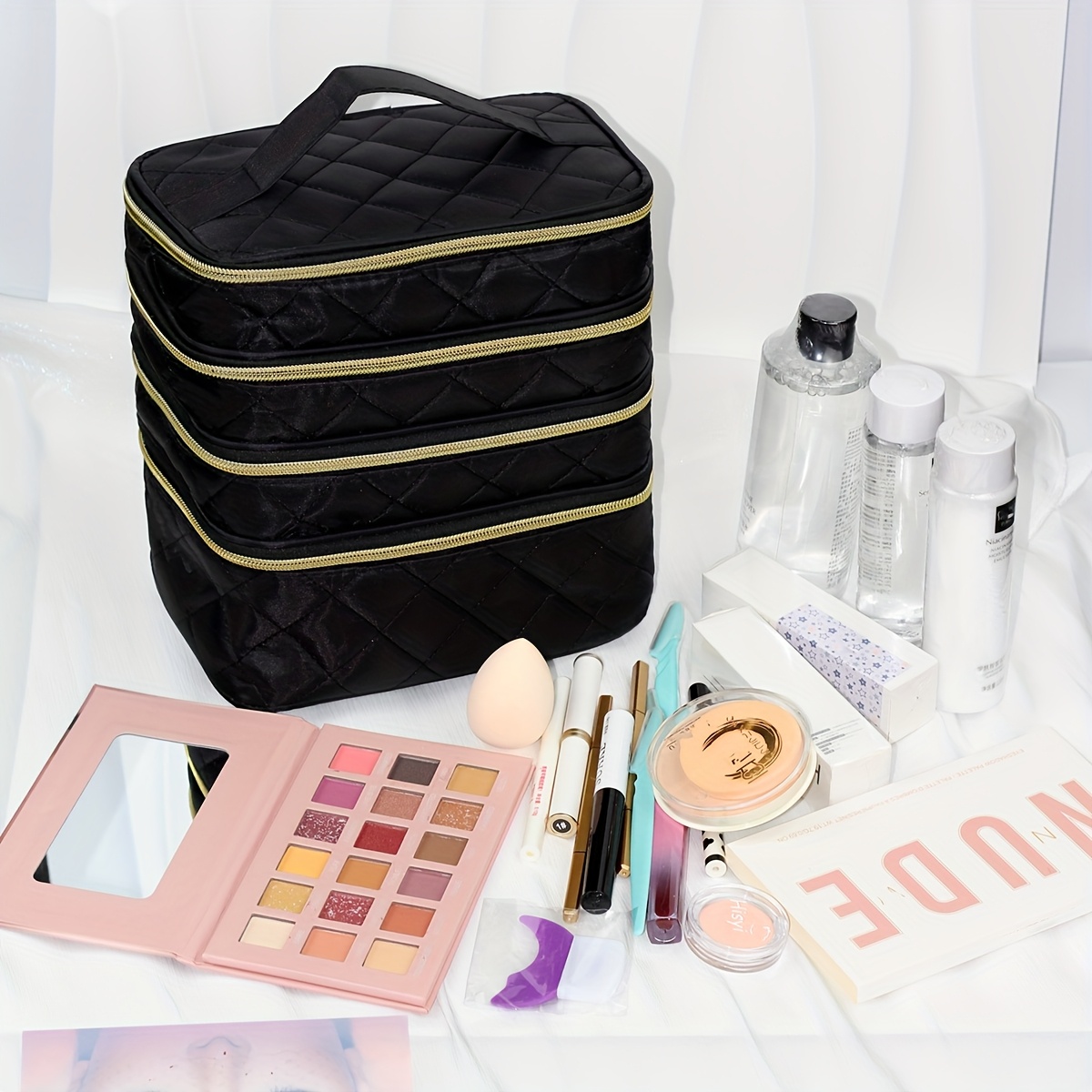 TEMU Easy And Stylish, Black Embroidered Fabric, Extra-large Capacity Cosmetic Bag, Multi-functional Four-layer Partitioned Storage Bag, Convenient