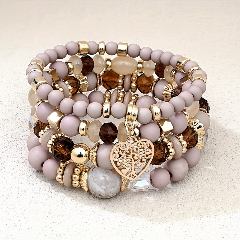 Vintage Boho Heart Charm Acrylic Bead Bracelet Set Synthetic