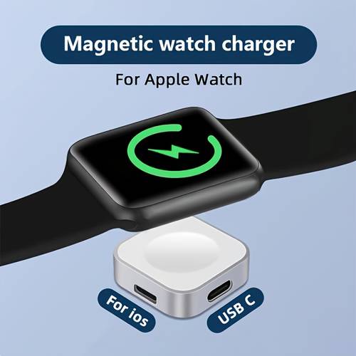 Portable Magnetic Wireless Watch Charger for Watch, Dual USB-C & Lightning Input, Compact Travel Charger Compatible with Iwatch 10/Ultra 2/SE/9/8/7/6/5/4/3/2, Holiday Gift (Charging Cable NOT Included - Cable for Demonstration )