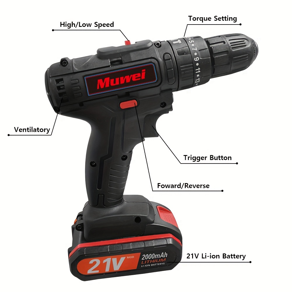 21v Cordless Drill 2 Battery Heavy Duty Impact Driver Kit details 1