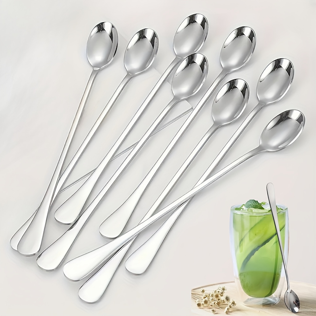 stainless steel long handle ice tea coffee ice cream spoon heavy duty large bowl filling spoon with elegant curved design dishwasher safe durable hygienic for hot cold drinks desserts serving ideal for home office restaurant