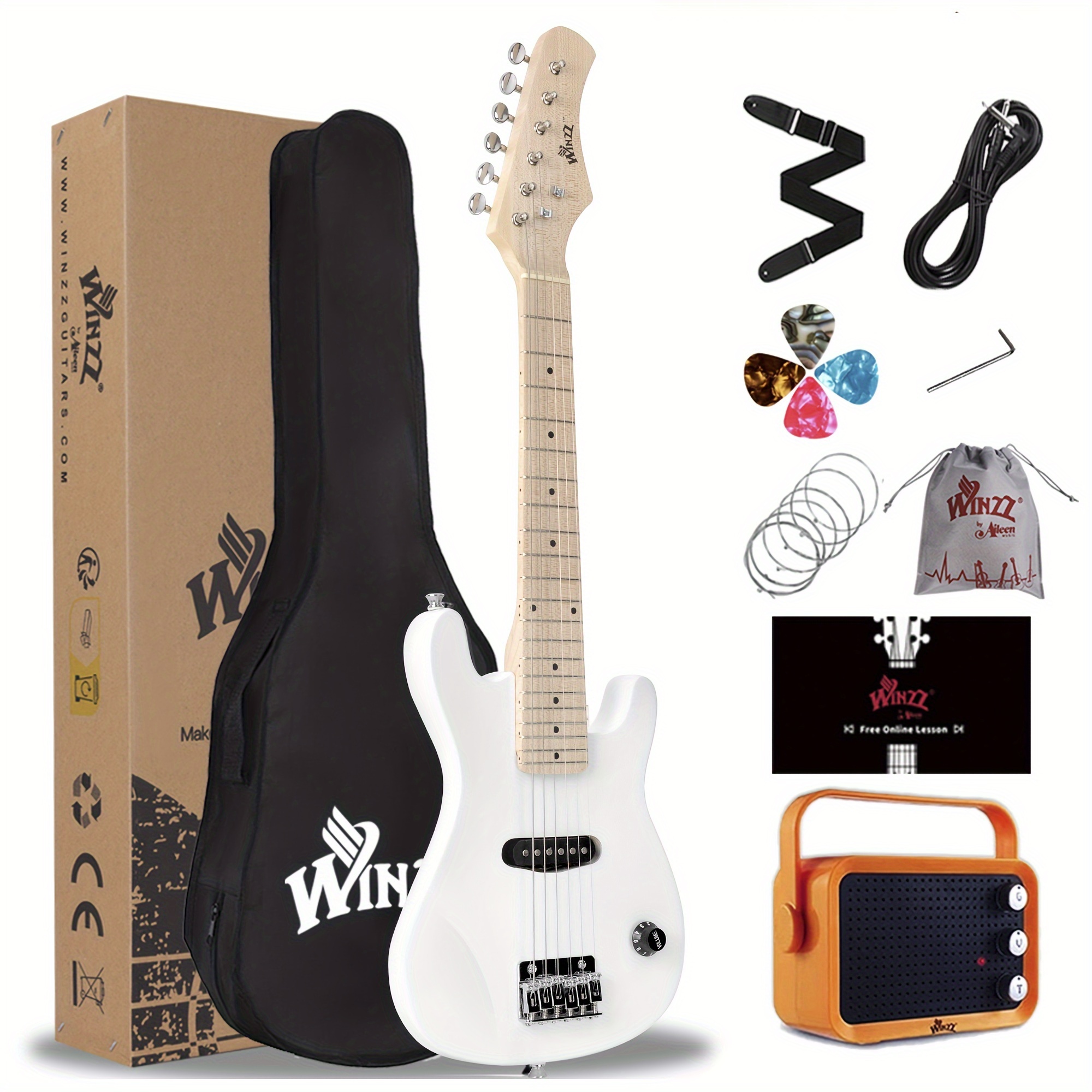 WINZZ TG-E2 30 Inch Electric Guitar Package - Solid Wood Body, Glossy, Small Size, with Amp, Accessories | Perfect for Beginners