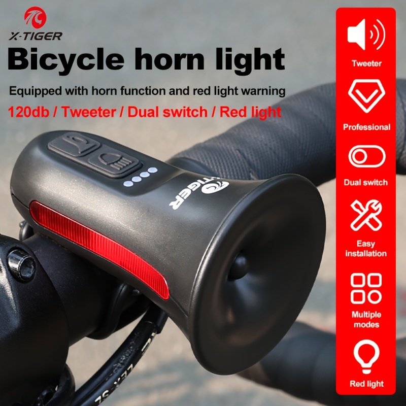 

Xtiger Bicycle Horn Light With Dual Switch - Usb Rechargeable, Modern Style, 120db Tweeter, Red Light Warning, Easy Installation, Long Battery Life, Abs Material
