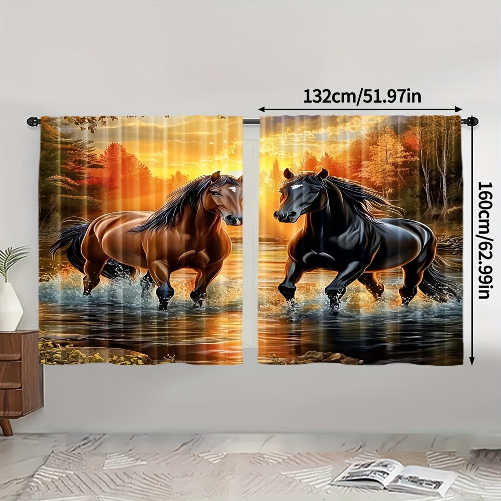 TEMU 2pcs, Upscale Curtains Sunset Horse Durable Polyester (without Rod,no Movement, No Battery) Holiday For Bedroom & Living Room Decor