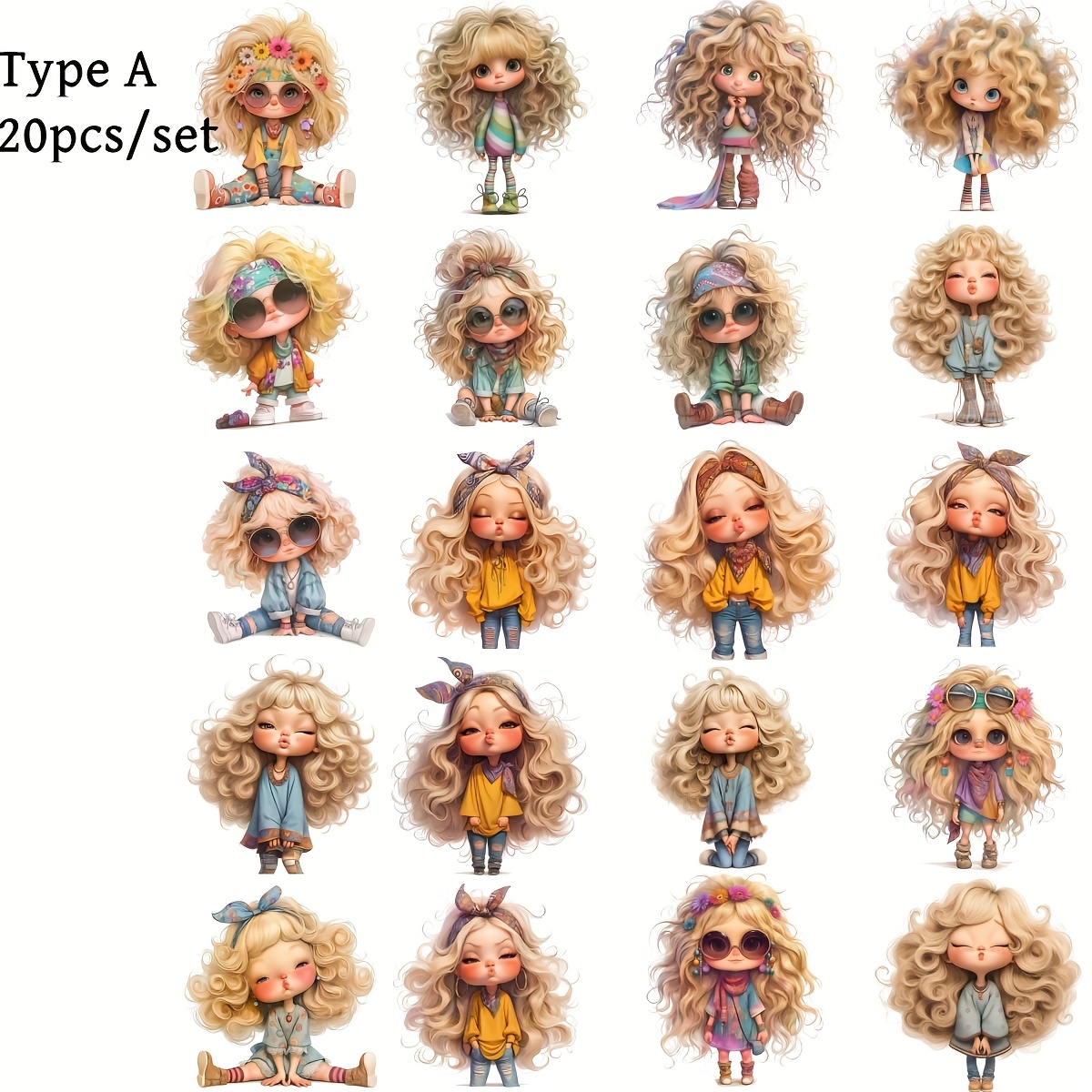 20pcs/set Handmade Creative Watercolor Retro Cute Yellow Curly Hair Series Stickers Suitable For Junk Journal Notebook Decoration Diy Journal Stickers