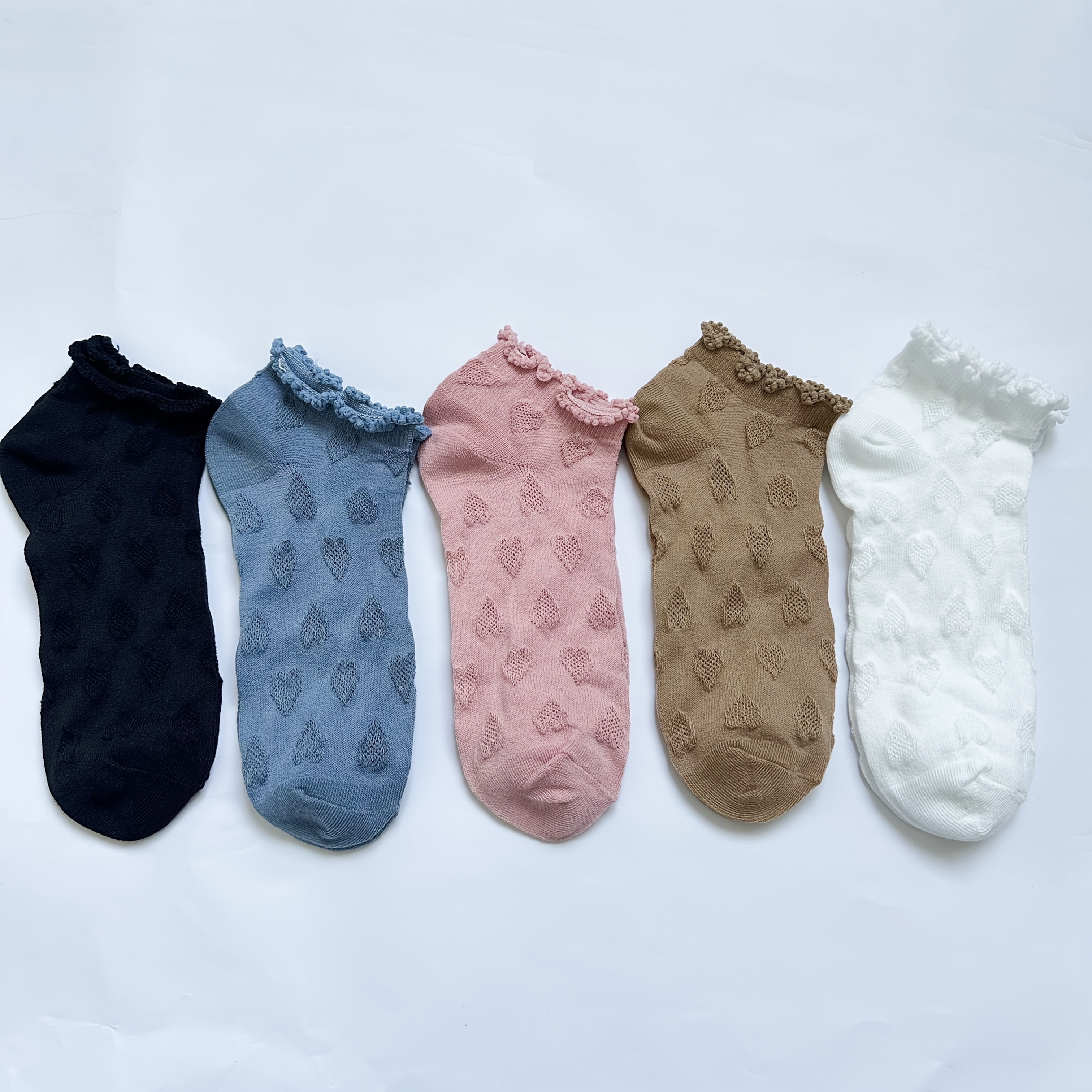 5 Pairs Heart-shaped Short Socks Casual Socks, Sweet Lace Trim Design, Comfortable And Soft, Wear