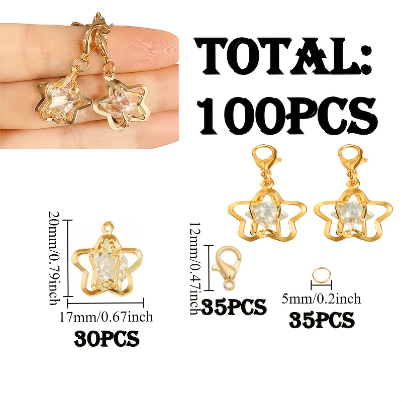 E-shop 100 Stück Hohlstern-Schlüsselanhänger DIY-Set, inklusive 30 Hohlsterne, 35 Karabinerhaken 35 Sprungringe. Glänzendes Stern-Themen-Set für