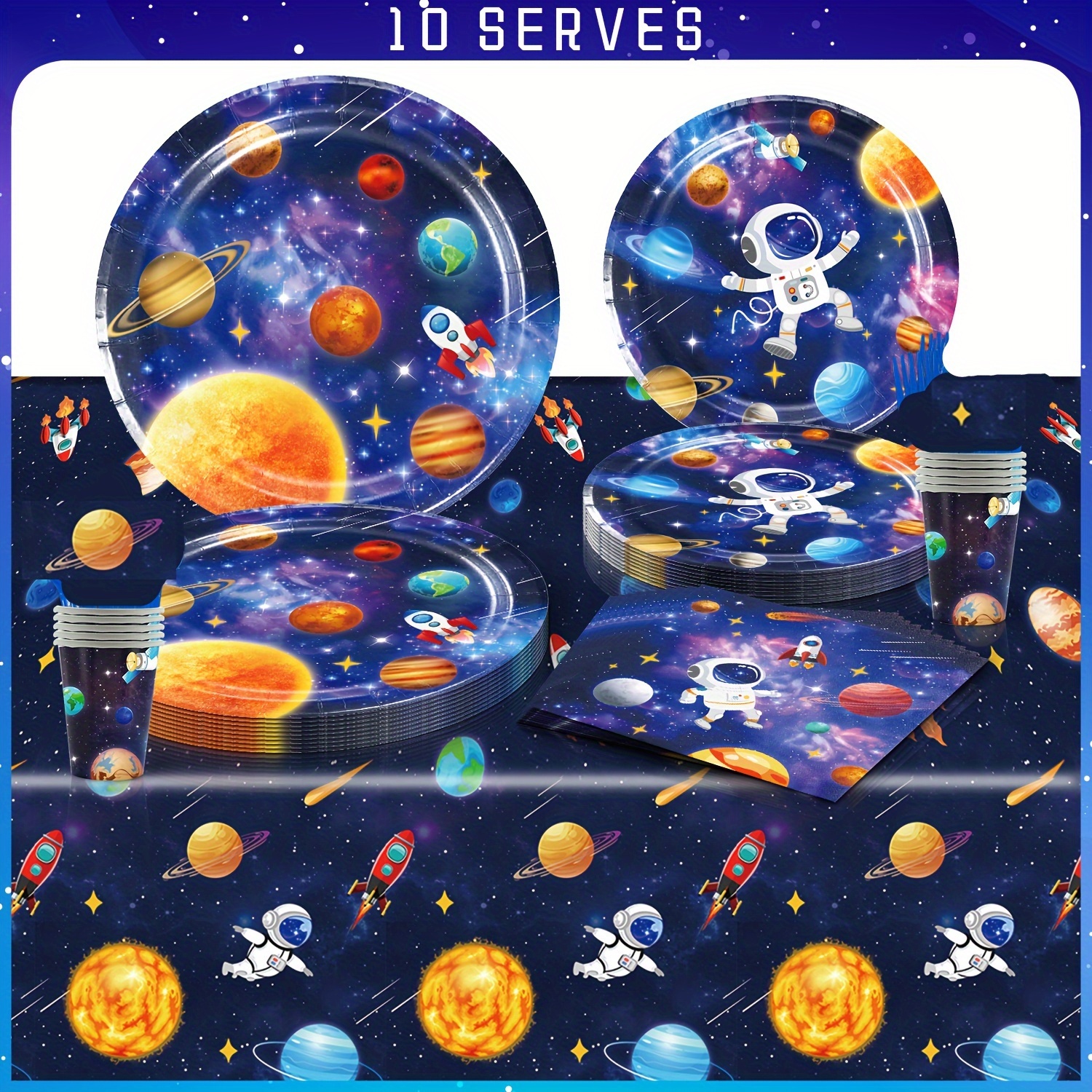 

For Galaxy Astronaut - 51pcs Disposable Tableware Set Including Paper Plates, Napkins, Cups & Tablecloth For Outer Space Themed Birthday Celebrations