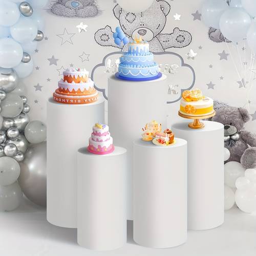 Set/5pcs, Cylinder Pedestal Stand Covers, Flexible Cylinder Pillar Dessert Stand Cloth Covers For Party, Wedding Or Birthday Event Decor, Only Cylinder Covers, Cylinder Pedestal Stands Not Included