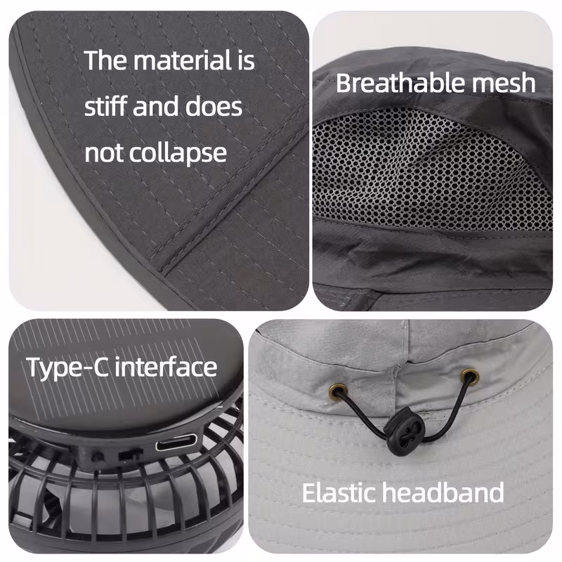 solar fan hat outdoor wide brim bucket with 2 x 180 adjustable fans upf 50 usb solar powered for beach camping hiking Product details 2