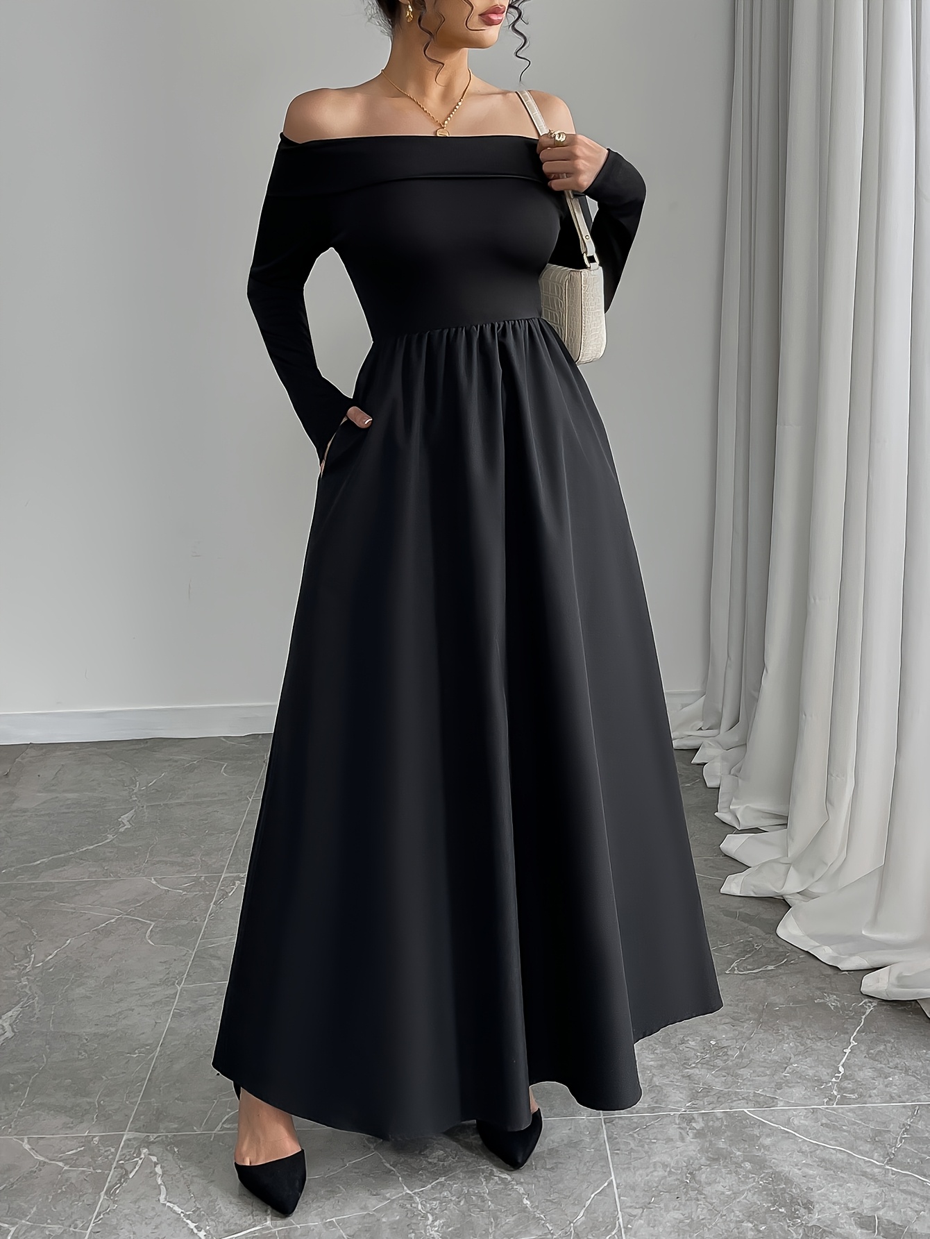 womens elegant shoulder long sleeve a line dress pockets - Temu Hungary
