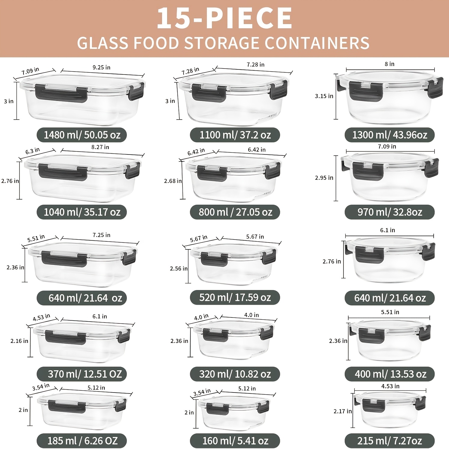 glass food storage containers 15pcs meal prep containers in glass lunch bento boxes with leak proof lids for microwave freezer dishwasher bpa free gray Product details 0