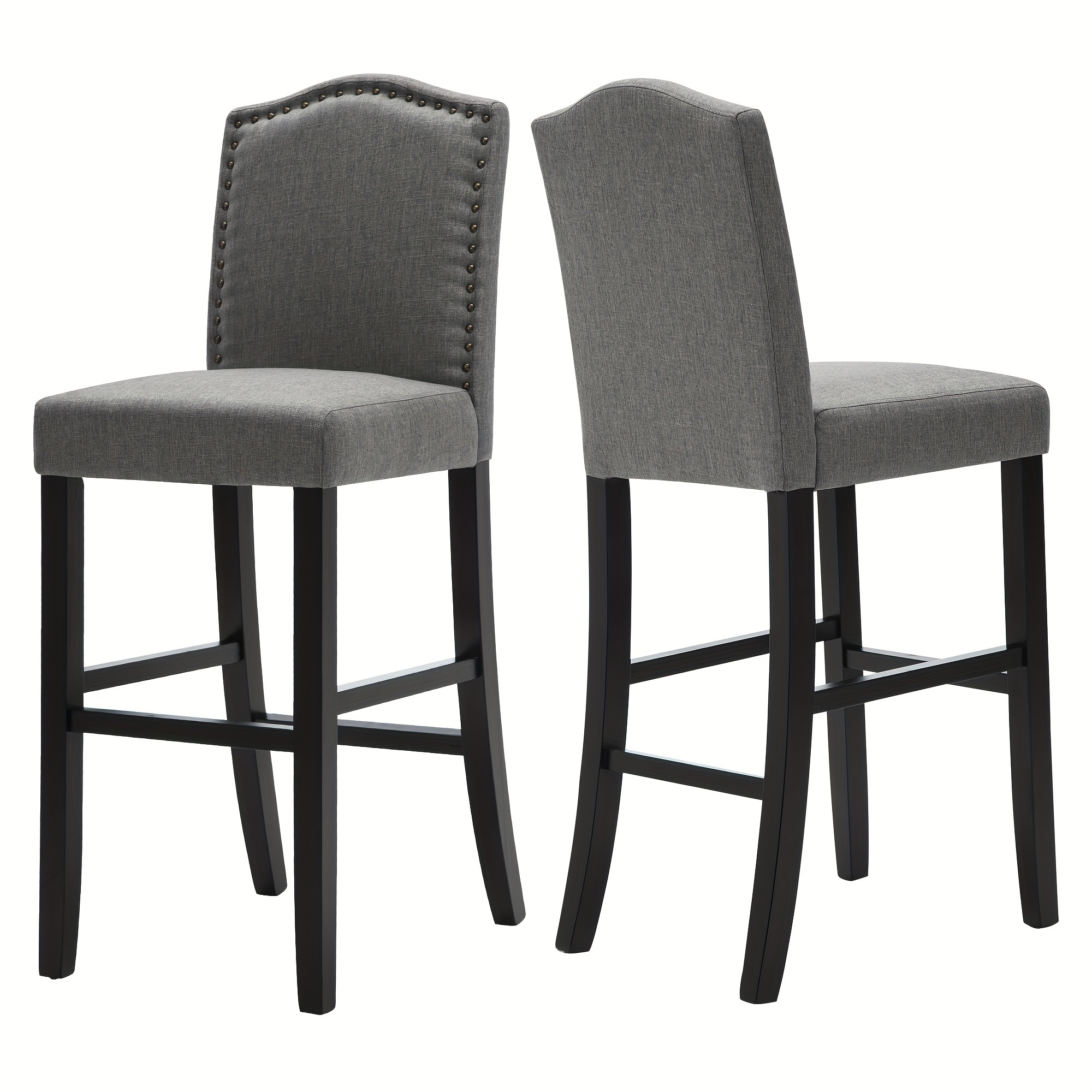 

2pcs 29-inch Modern Barstools With Back, Grey Fabric Upholstered Trim, Solid Wooden Legs For Kitchen Counter, Pub, Home Bar Decor