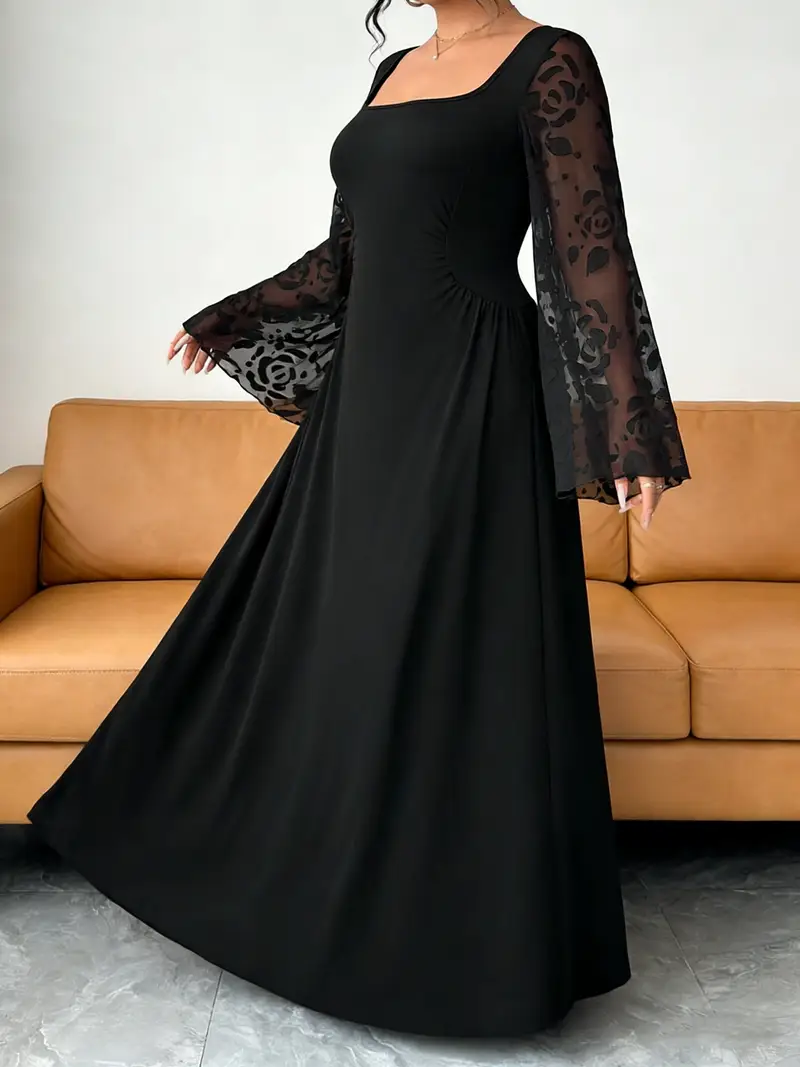 womens black square neck sheer print bell sleeve ruched maxi - Temu Oman womens black square neck sheer print bell sleeve ruched maxi - Temu Oman