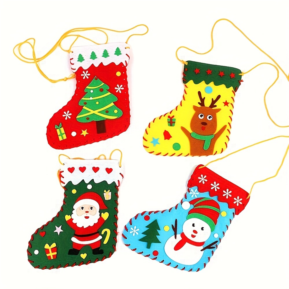 

Christmas Stocking Craft Kit For Felt Applique Socks - 4-pack Handmade Sewing Holiday Decorations Candy Bag - Color With Santa, Reindeer, Snowman, Christmas Tree Designs - Suitable For 14+