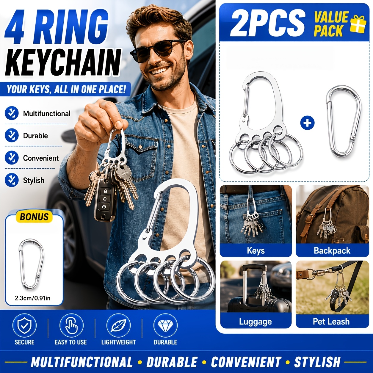 TEMU 2new Large-capacity Stainless Steel Keychains-anti-theft Keychain Pendants-suitable For Car Keys, Wall-mounted Keychains, Buckles-portable