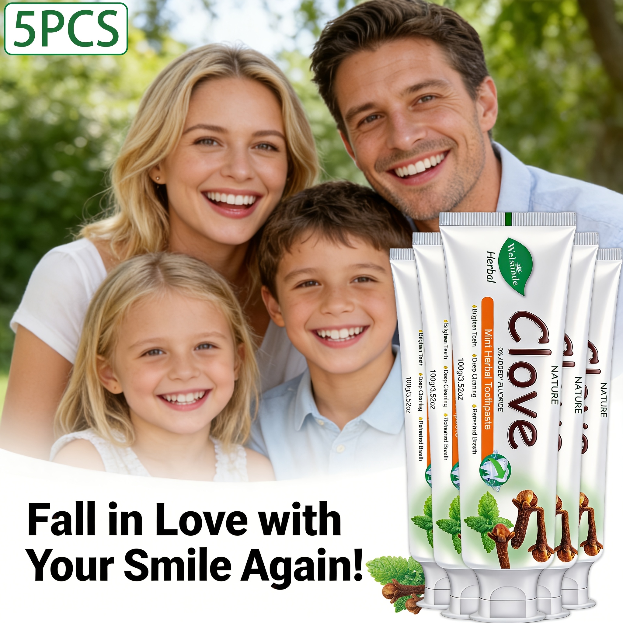 5pcs Clove Mint Herbal Toothpaste with 0% Added Fluoride for Fresh Breath