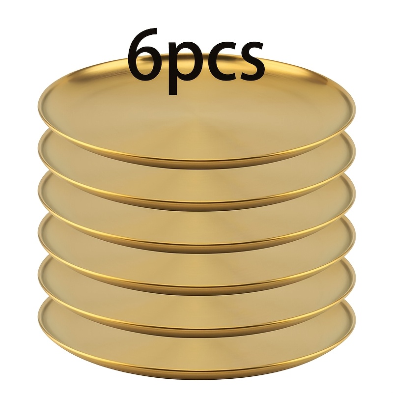 Stainless Steel Tray Set Of 6, 17.45cm/23cm Gold Plated Appetizer Plate For Salad, Cooked Food, Bread Display, Dishwasher Safe Rustproof Home Kitchen, Party Buffet