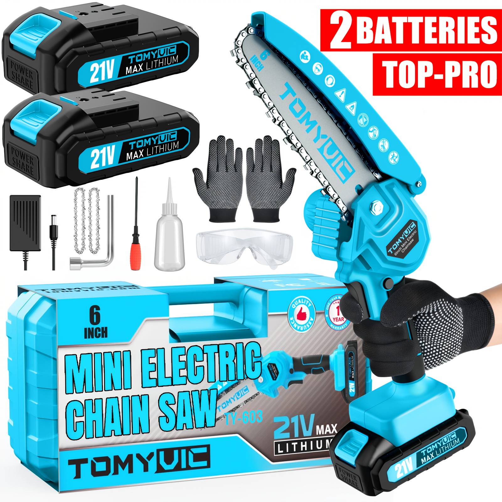 

Mini Chainsaw 6-inch Battery Powered - Cordless Electric Handheld Chainsaw With 2 Rechargeable Batteries - 21v Small Power Chain Battery Operated For Tree Trimming Wood