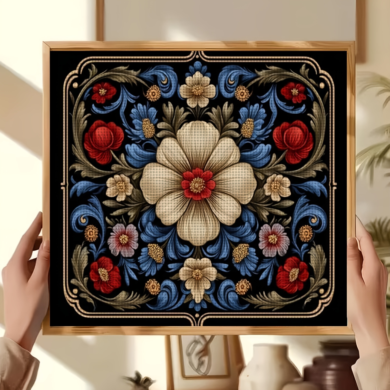 Cross-Stitch Printed Kit, Frameless, Black Background Floral Decoration Pattern