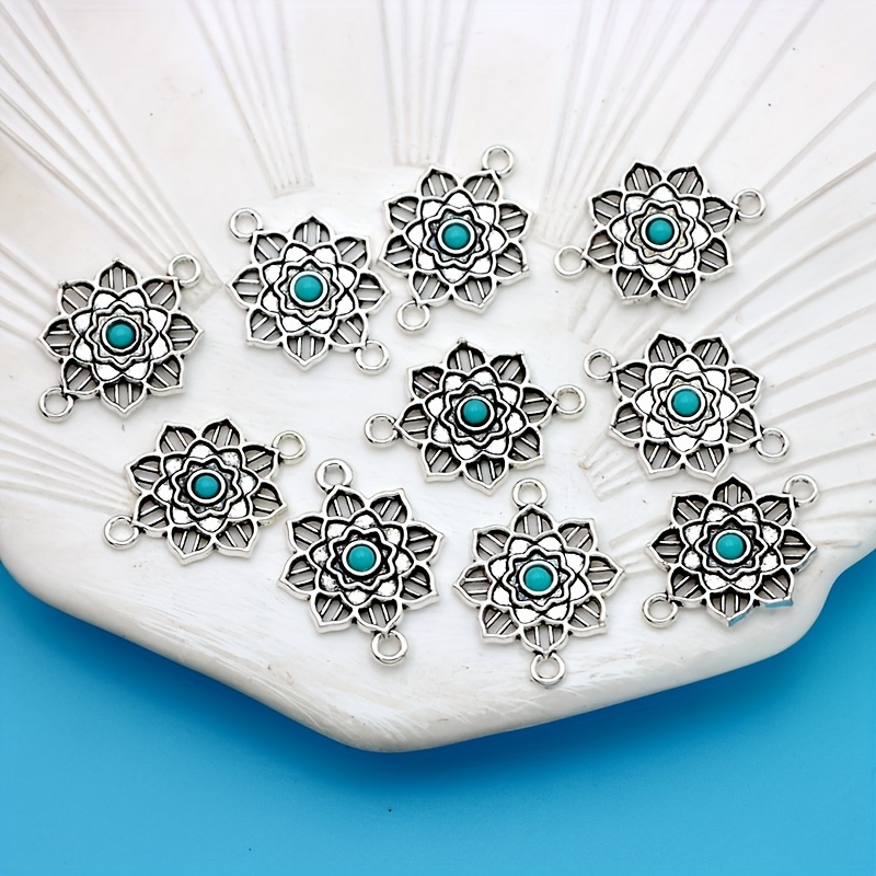 Image of 10pcs Plated Silvery Hollow Blue Flower Charm Connector Alloy Plated Silvery Blue Flower Pendants Blue Flower Connector Charm Making Bracelet Diy Earrings Necklace Charms Handmade