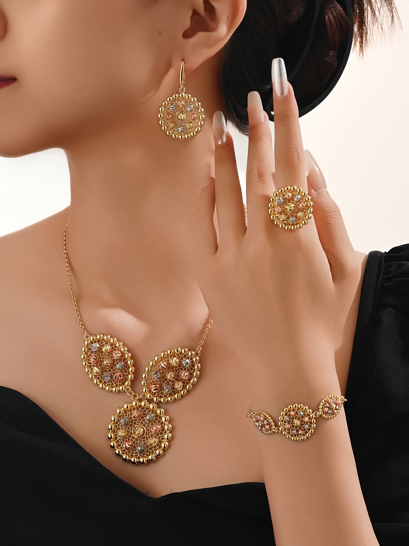 4pcs   luxury 18k golden plated jewelry set boho arabian style necklace earrings ring bracelet high quality copper versatile for daily gift occasions with   ramadan   details 0