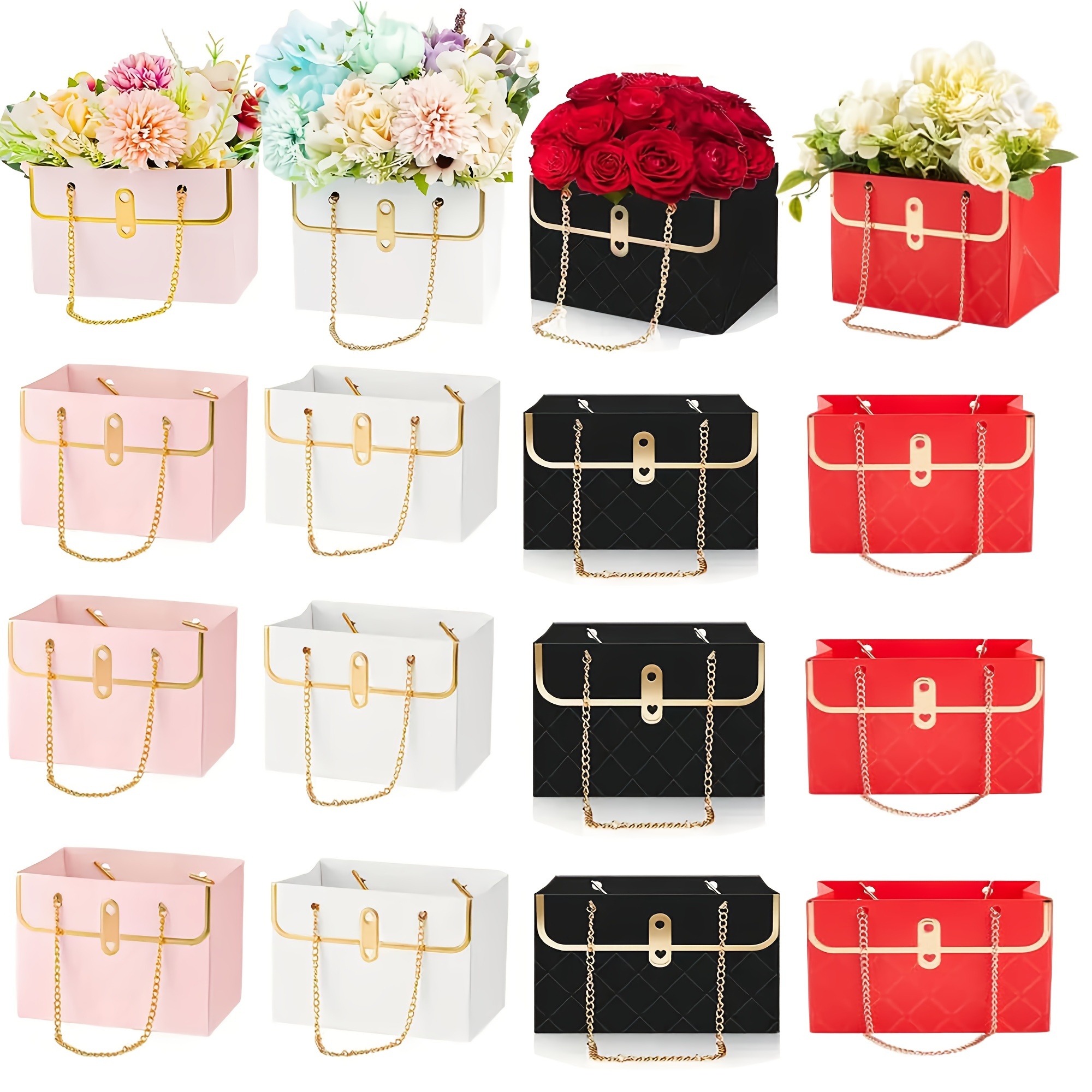 

3pcs Floral Paper Gift Boxes With Metal Chain, Wedding Favor Bouquet Holder, Packaging Handbag For Valentine's Day, Festivals, Party Supplies - White, Red, Black,