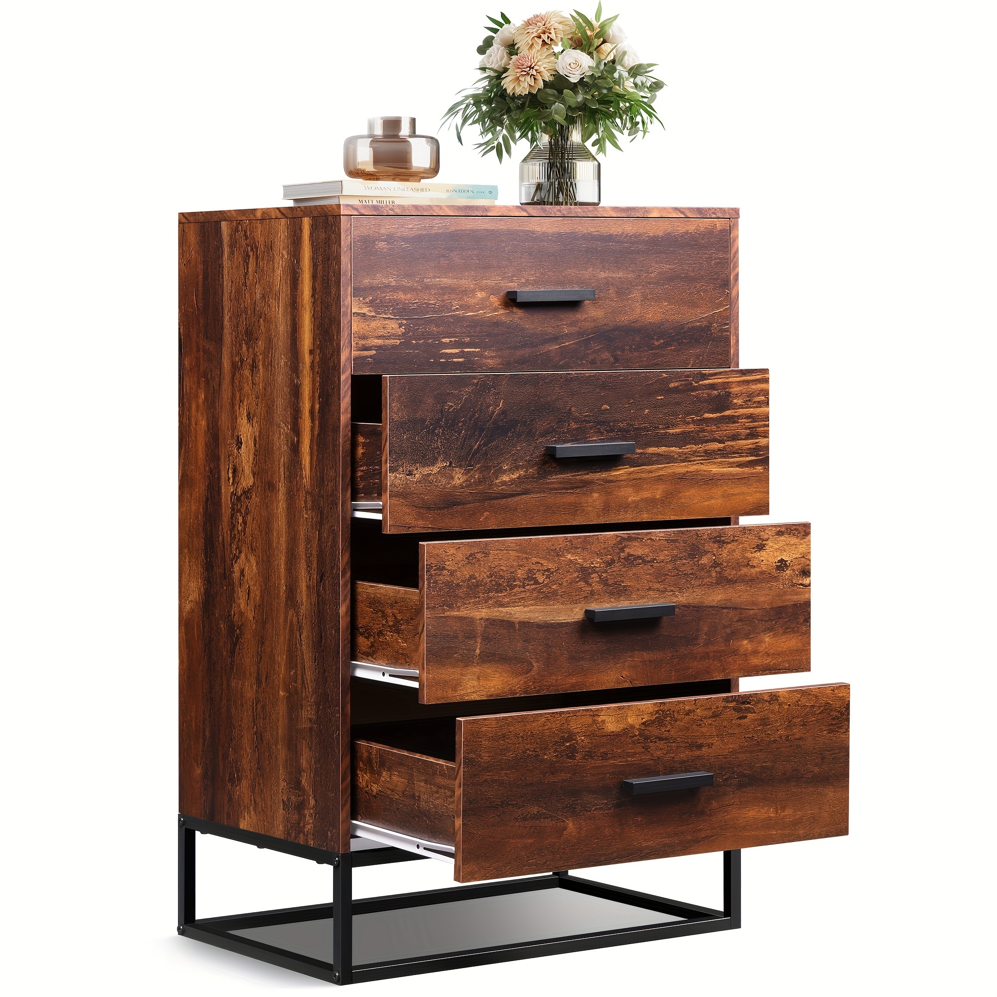 

Wlive Wood Dresser For Bedroom With 4 Drawers, Chest Of Drawers, Tall Dresser Drawers With Sturdy Metal Frame For Hallway, Living Room, Closet