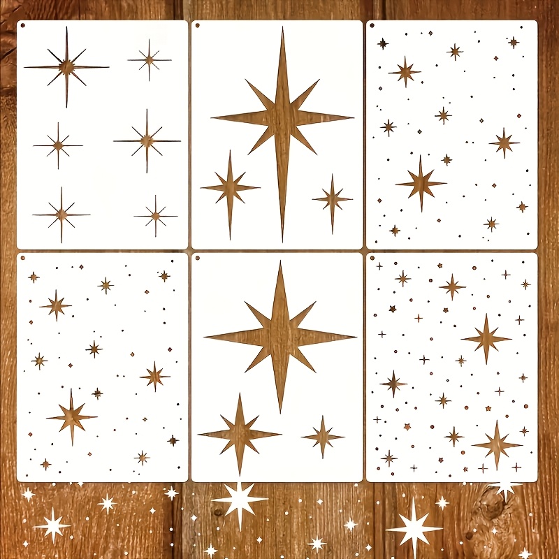 TEMU 6pcs Star-shaped Painting Template - Golden Stars And Glittery Reusable Plastic Wall Art Template, Suitable For Home Decoration On Canvas And