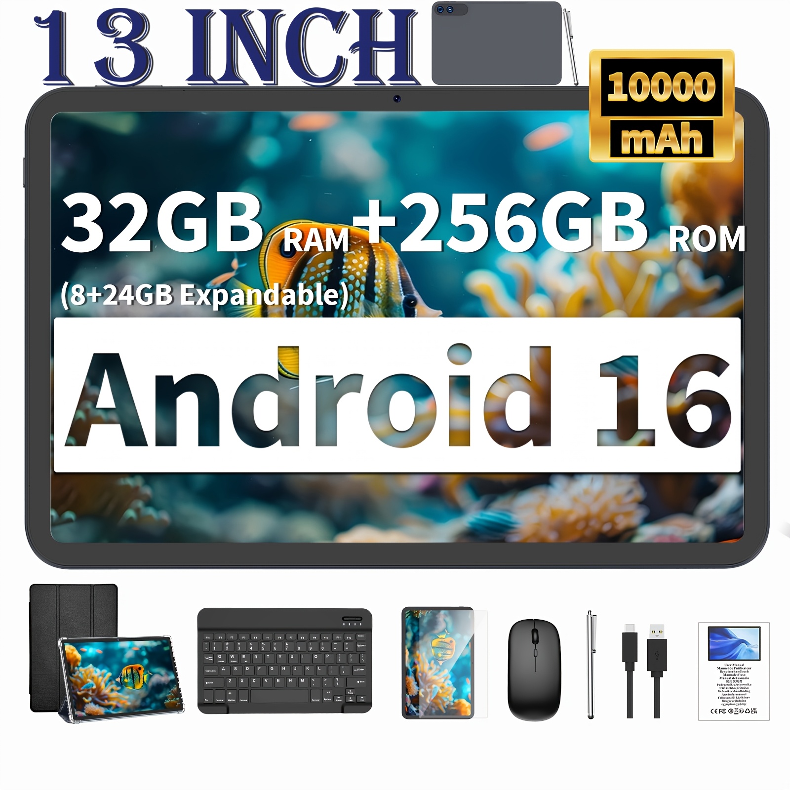 13-Inch Tablet Computer, Comes with a Keyboard And Mouse Set. It Boasts 32GB (8+24) RAM, 256GB ROM, And 2TB SD Expansion (Excluding SD Card). It Features a 10000Mah High-Capacity Battery, a 13-Megapixel Camera, Dual-Band Wi-Fi, Tablet, Pad