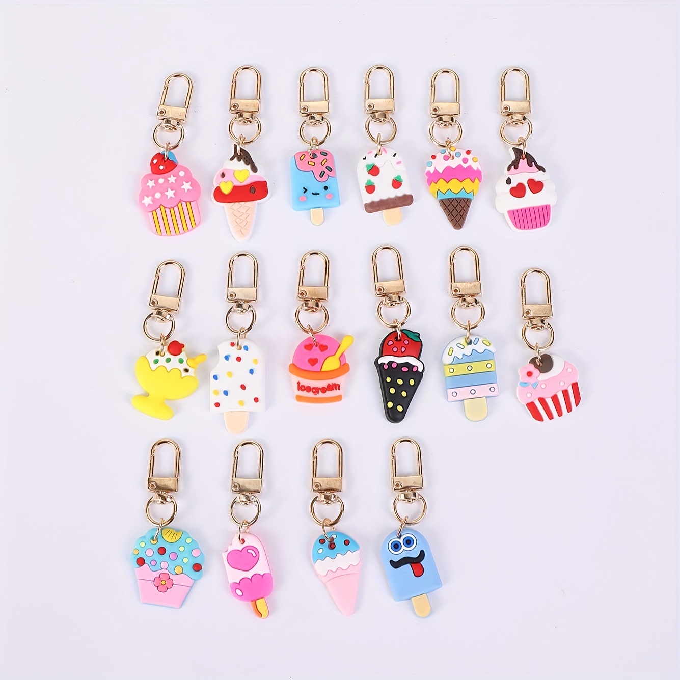 

16pcs Cartoon Ice Cream & Cake Keychain Set - Pvc, Perfect For Party Favors, Holidays & Back-to-school Gifts