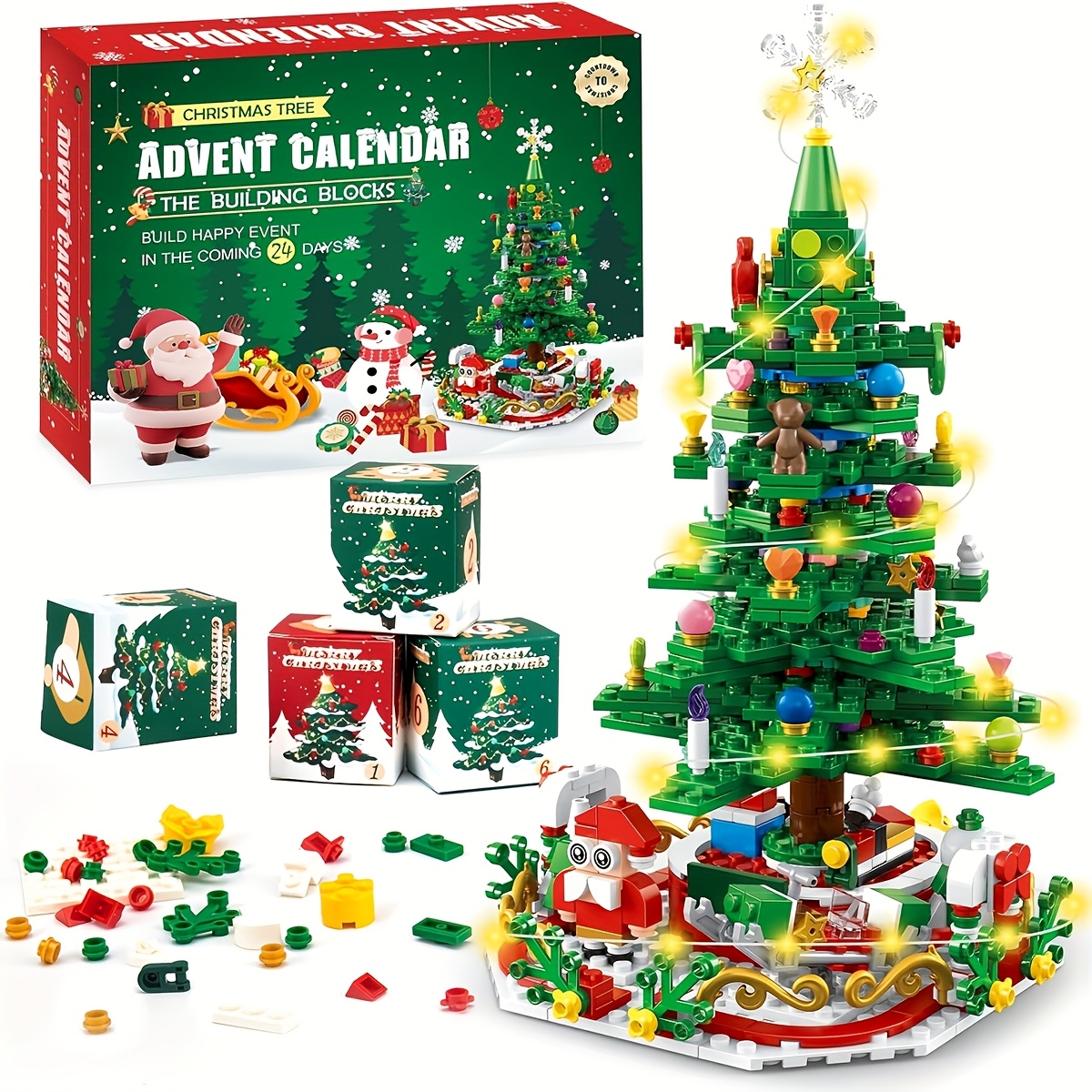 TEMU 2024 Advent Calendar With 24 Building Toys For Christmas Tree, Featuring A Rotating Base, 24 Days Of Surprises, Perfect Countdown Calendar Gift