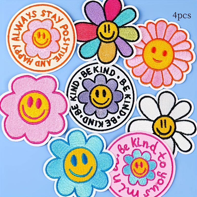 TEMU 4pcs Sunflower And Face Diy Embroidery Patches, Suitable For Jackets, Jeans, Shirts, Trucker Hats Craft Appliques