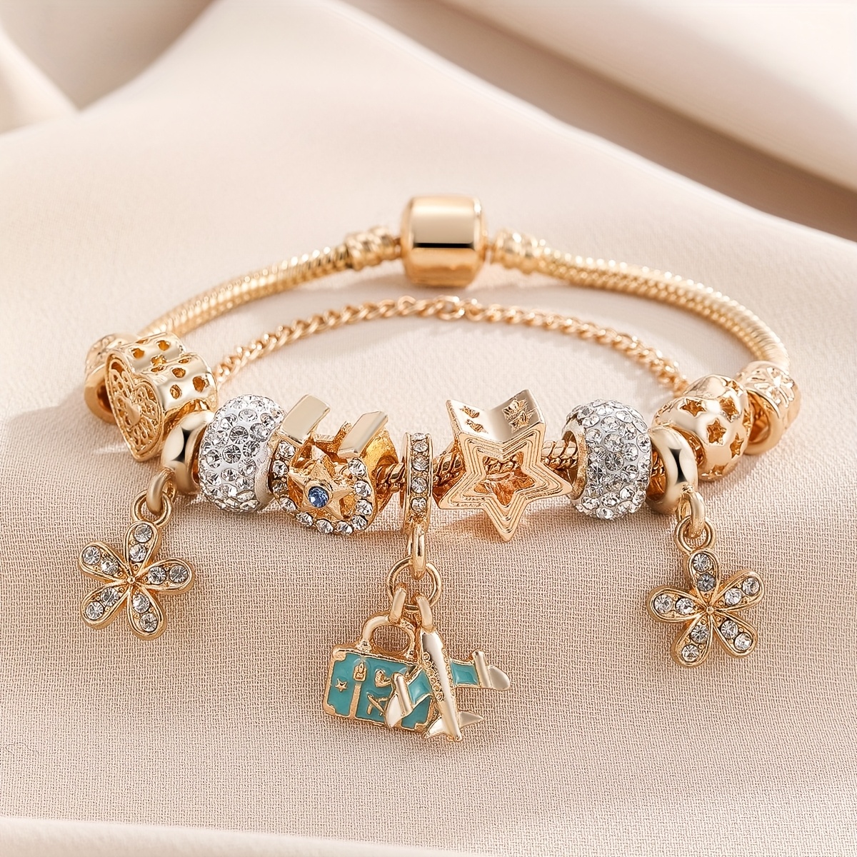 TEMU 1pc Fashion Craft Airplane Travel -petal Flower Pendant Hollow Heart Bead Snake Bone Chain Making Bracelet