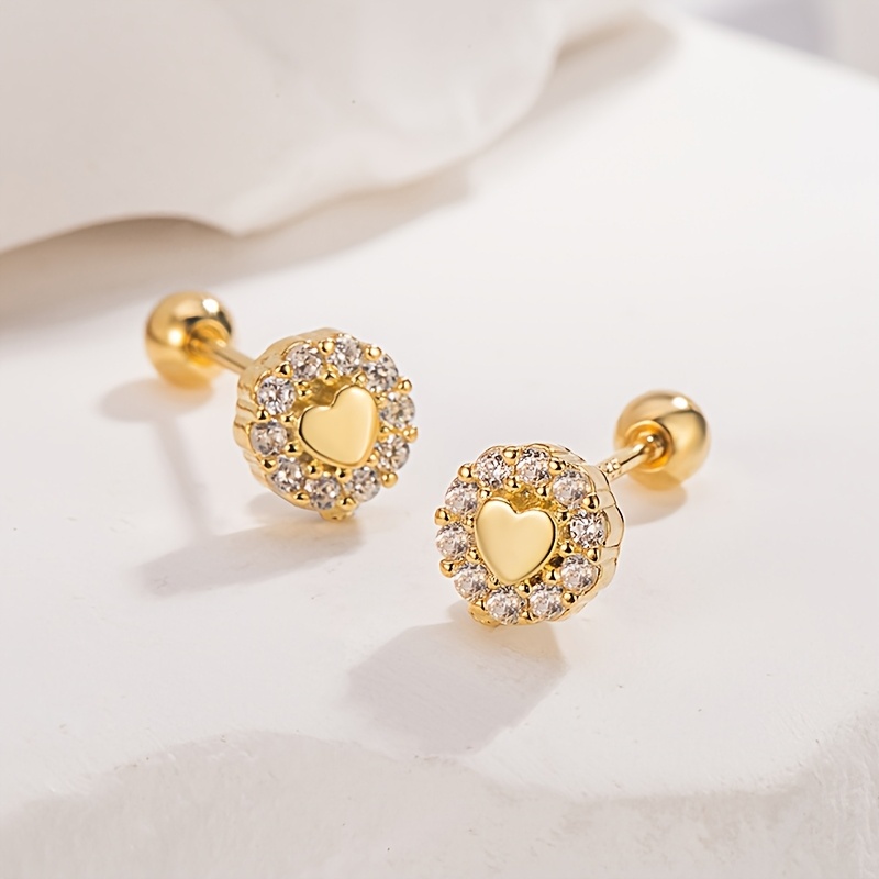 TEMU A Pair Of Heart-shaped Threaded Earrings Made Of Copper And Set With Synthetic Zirconia, Featuring A Trendy And Suitable For Women. Minimalist