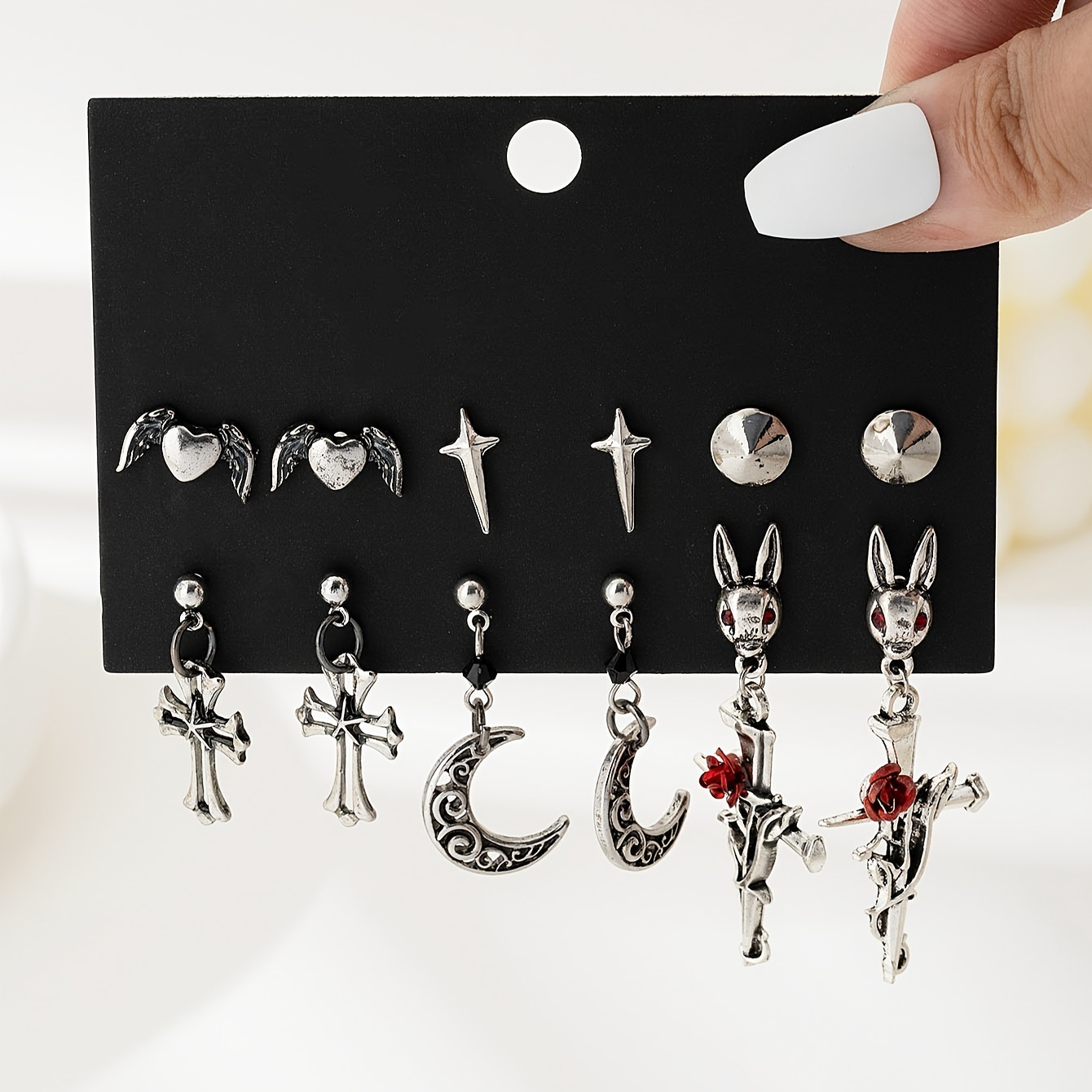 Image of A Creative And Trendy Set Of Earrings Featuring 6 Pairs Of Hip-hop Dark Gothic Designs, Including Hearts, Wings, , , Rabbits, And Roses, Perfect For Halloween.