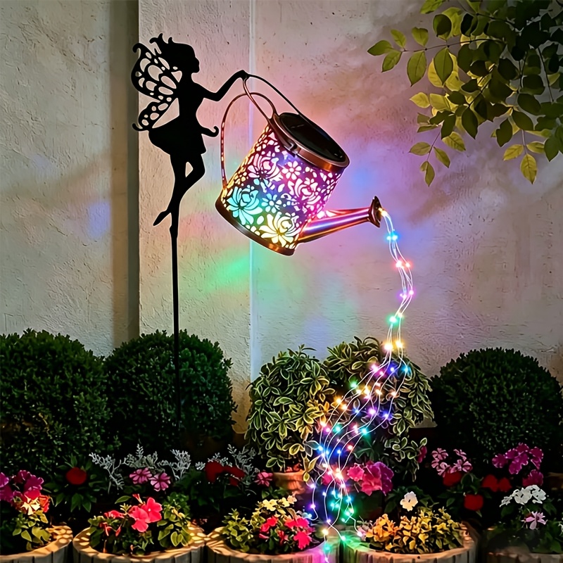 item picture fairy watering can lights with solar panel string lights vintage metal outdoor garden lighting 600mah battery portable pathway patio lamp   no remote solar watering can for lawn