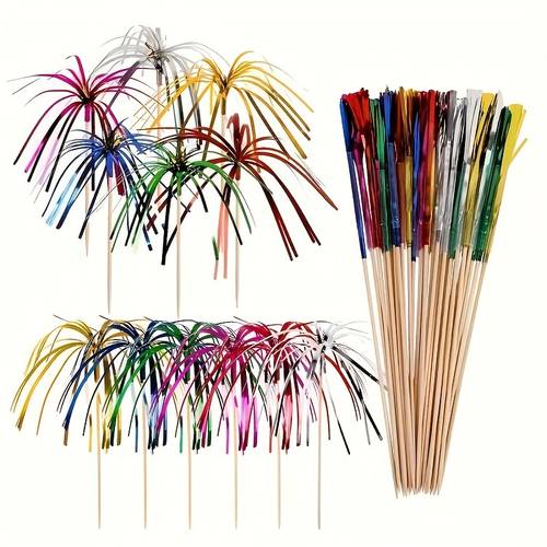 50pcs /100pcs/Colorful Tassel Firework Picks for Party Table Decorations, FancyFruit Skewers for Birthday, Father's Day, Mother's Day, Graduation,Canada Day, Harvest Celebrations - No Electricity or Batteries Required,Feather-Free