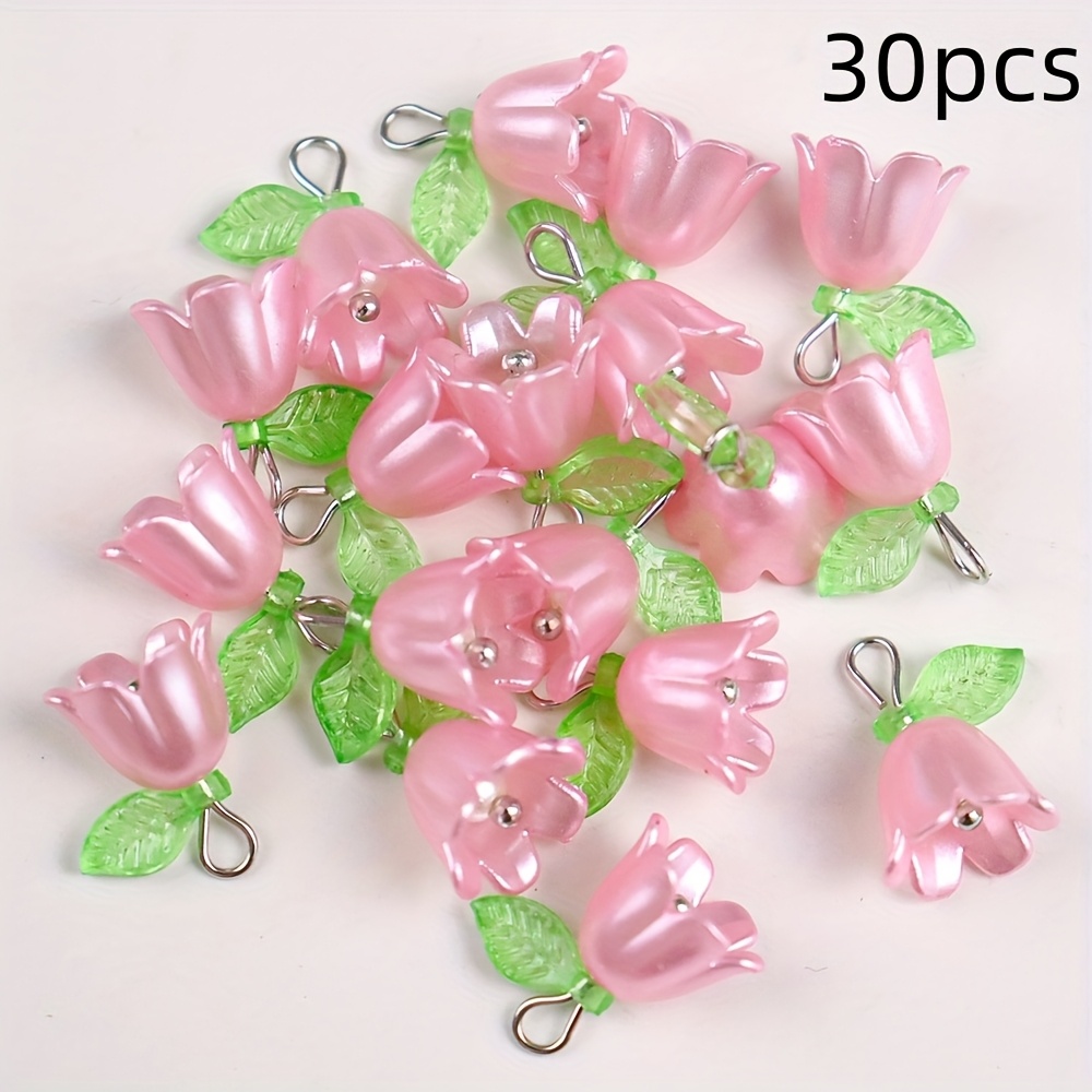 TEMU 30pcs Pack Elegant Acrylic Lily Of The Valley Beads With & Leaf Charms - Diy Necklace, Bracelet, Keychain Accessories Suitable For Making, Wearable Crafting