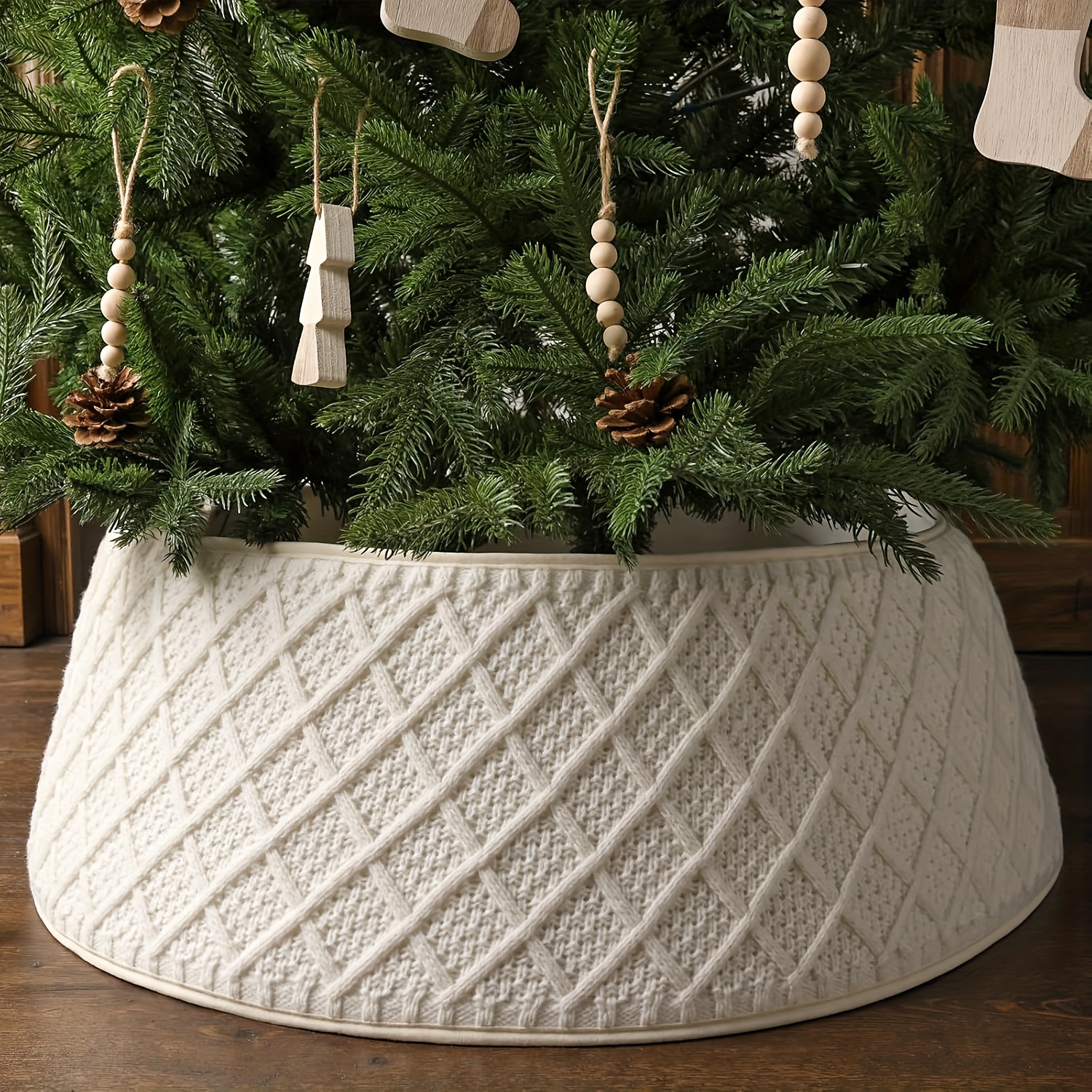TEMU 1pc Cream-colored Christmas Tree Diamond Edge Coarse Twisted Flower Knitted Christmas Tree Collar For Artificial Trees, Farmhouse Country Tree