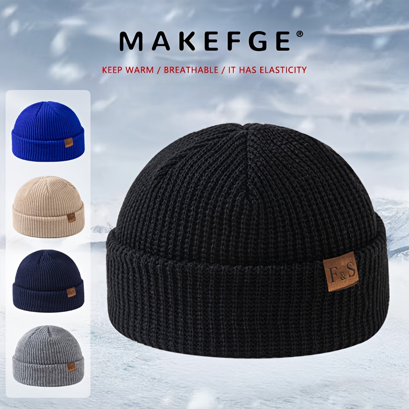   leather label f s gourd hat street hip hop brimless cap short plush beanie party holiday   unisex winter warm knit cap mens outdoor riding ski hat fashion versatile holiday gift   knit cap