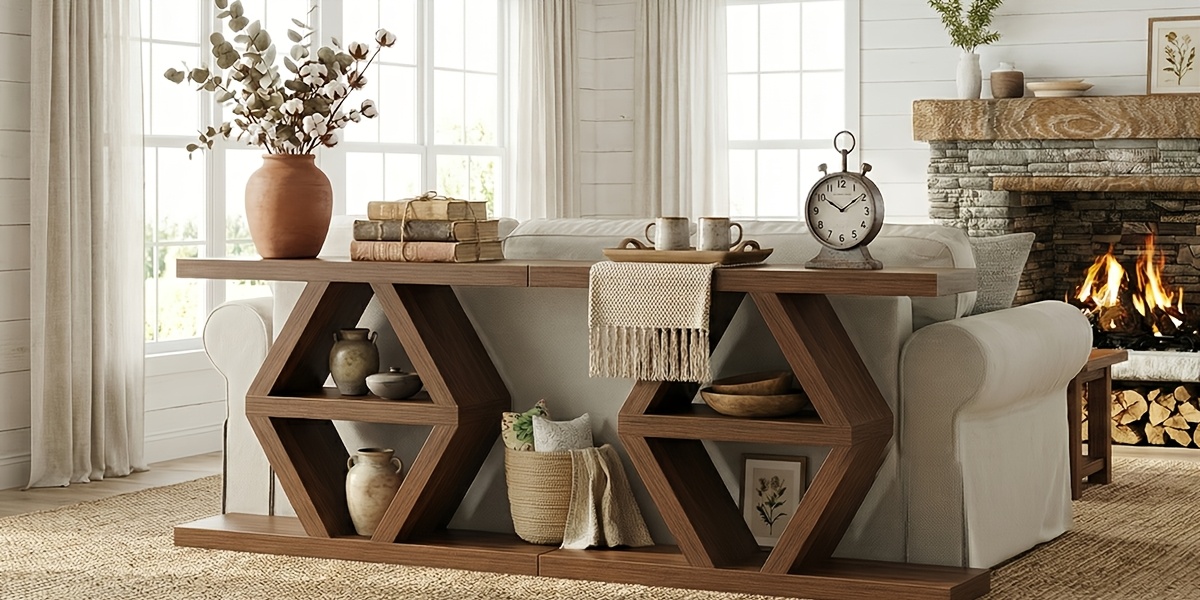 3 Tier Farmhouse Console Table for Entryway, Wooden Sofa Table Behind Couch with Storage Shelves, 39.4 Inch Narrow Rectangular Hallway Table, Rustic Foyer Table for Living Room Decor, Walnut End