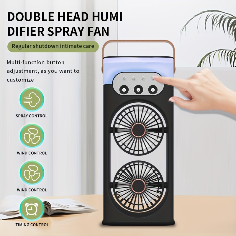 portable usb dual fan with humidifying misting feature painted plastic table fan for indoor and outdoor cooling   operation with button control multi component accessory no battery required details 0