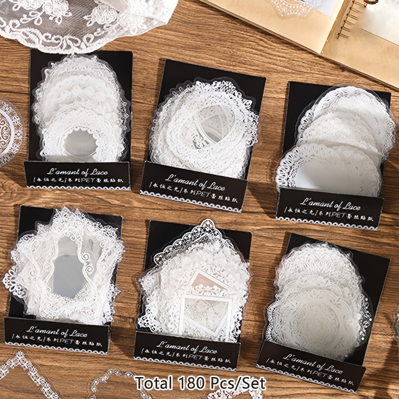 Image of 180pcs Vintage White Lace Sticker Hollow Lace Border Decals For Journal Decoration Diy Material Pet Stickers Scrapbooking Stickers (30pcs/ Pack, 6 Pack)