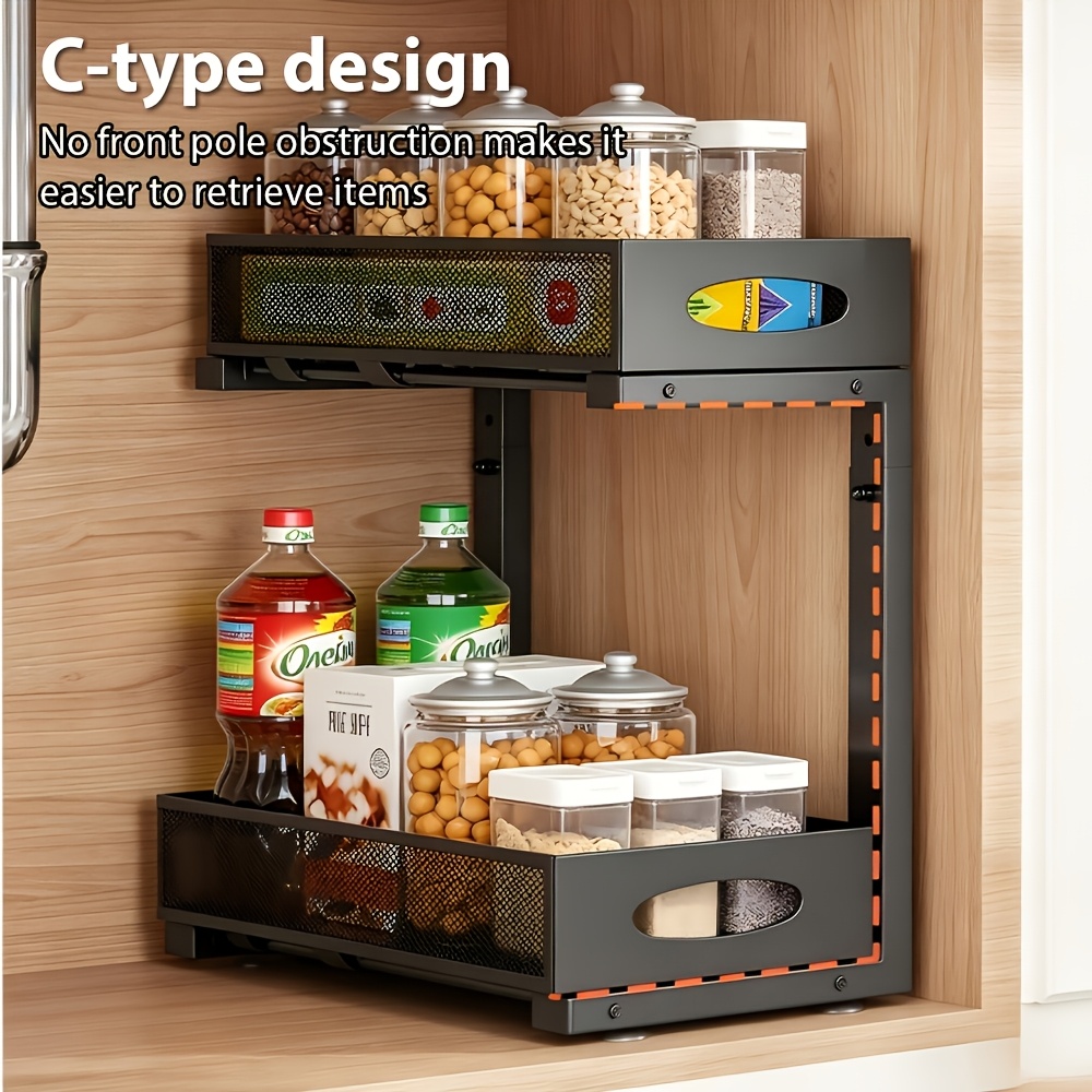 TEMU Organisateur de rangement coulissant à 2 niveaux, étagère coulissante sous évier, panier de tiroir en , organisateur coulissant pour cuisine,