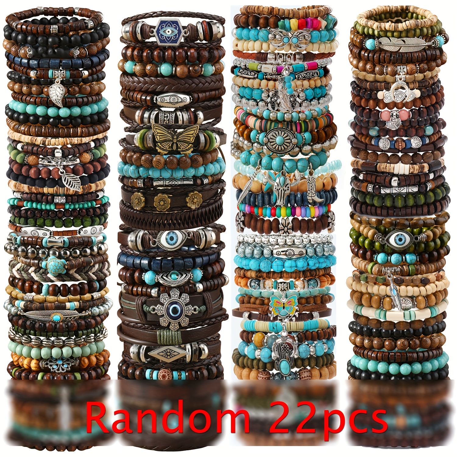 TEMU 22/36/42/87pcs (random Style) Mixed Vintage Handmade Wood Beads Coconut Shell Turquoise Stone Women's Bracelet Set, Adjustable Size