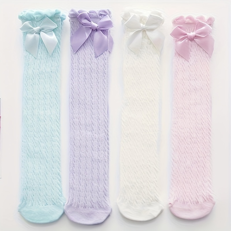 E-shop 2/4 Paar Kinder Frühlings- und Sommer-Schleifen Langstrümpfe Dünne Knielange Prinzessinnen-Langsocken Gerade Socken Mädchen Mittelhohe