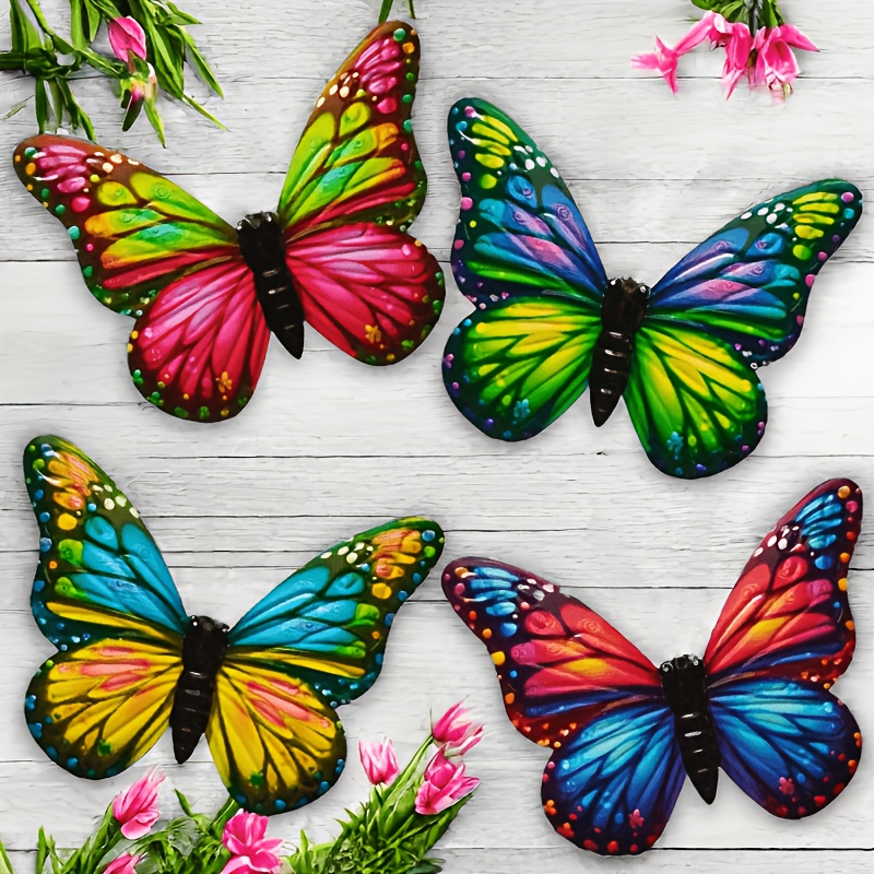 TEMU [2d Flat] 4pcs Wooden Wall Art In Rustic Style, Featuring Colorful Wooden Butterflies, For Outdoor Garden Wall Decor, Indoor/outdoor Fences, And