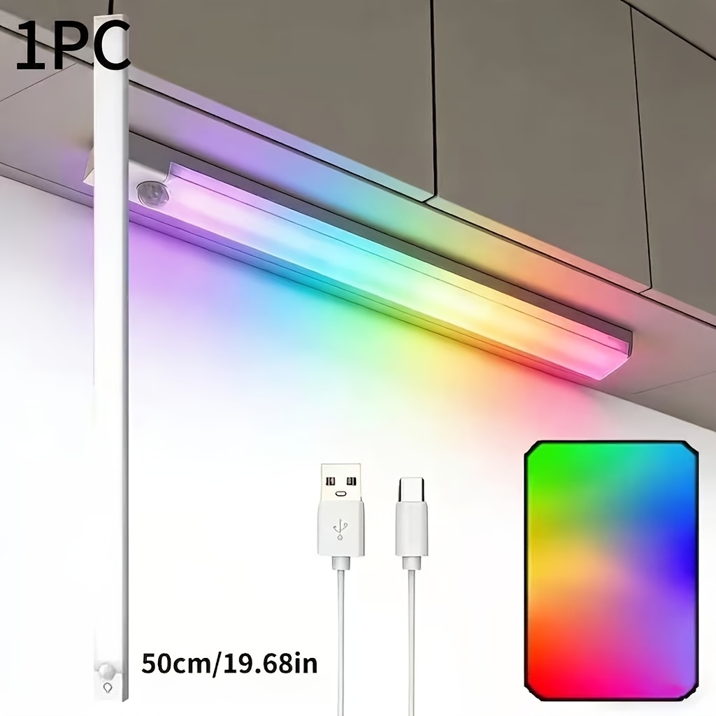 Image of 1pc Night Rgb Motion Sensor Light Bar, 7 Color , In 50cm/19.68in, Usb Rechargeable, Rgb Gradient Lighting, Motion Activated, , Ideal For Living Room, Kitchen, Bedroom, Study, Hallway