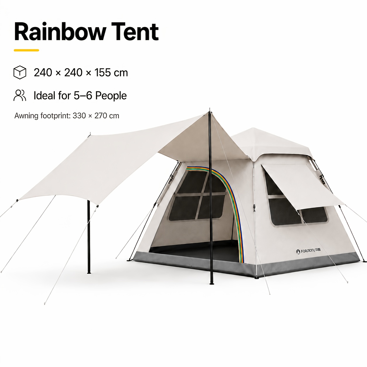 4-6 Person Tent With Large Awning And Rainbow Decorative Trim, Spacious Outdoor Tent